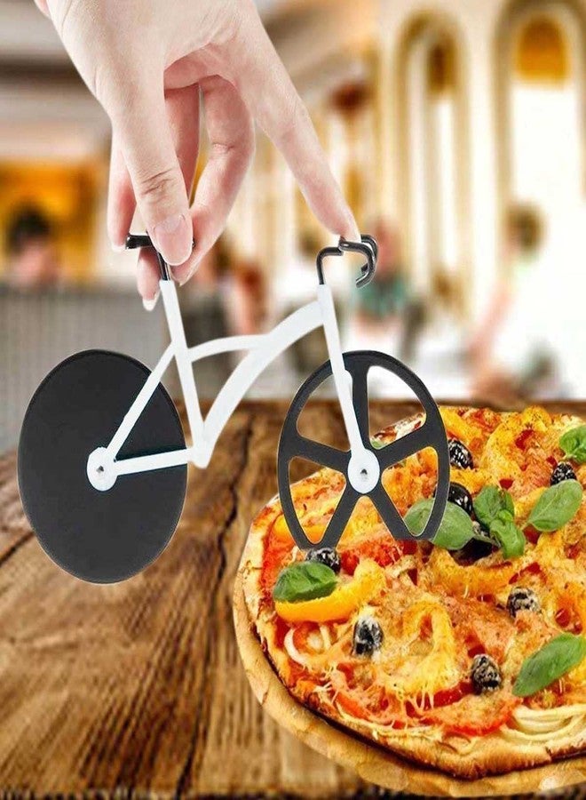 Kookee Pizza Cutter and Slicer for Kitchen and Party, Bicycle with Display Stand and Non-Stick Dual Stainless Steel Wheels (White) - Image 1